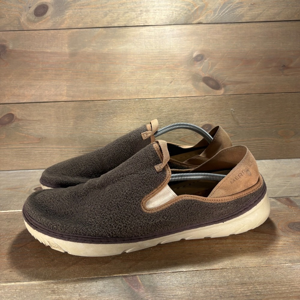 Merrell hut Moc Mens size 12 shoes Brown Fleece Suede Slip On moccasins slippers